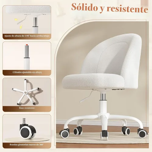 Miniatura 8 de DurayLoly - Silla de tocador, silla de maquillaje de vellón suave con ruedas silenciosas, altura ajustable y giro de 360°, diseño sin brazos que