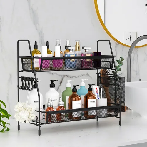 Miniatura 3 de VITVITI - Organizador de encimera de baño de 2 niveles, organizador de mostrador de baño de malla de alambre de metal con ganchos para cesta