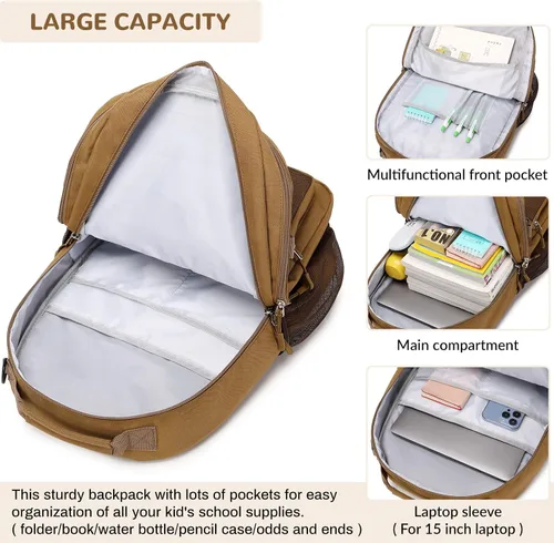 Miniatura 3 de Mochila para adolescentes, niñas, niños, resistente al agua con bolsillo para laptop de 15.6 pulgadas para viajes, escuela, universidad, Beige
