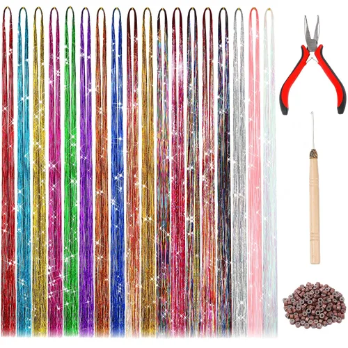 Miniatura 8 de FEBSNOW Extensión de cabello de 47 pulgadas con herramienta 2400 mechones, 12 colores mezclados, kit de extensiones de cabello con brillantina