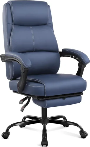Misolant Silla de oficina grande y alta con reposapiés, silla de escritorio de respaldo alto con reposabrazos de varillaje, sillas ejecutivas Azul