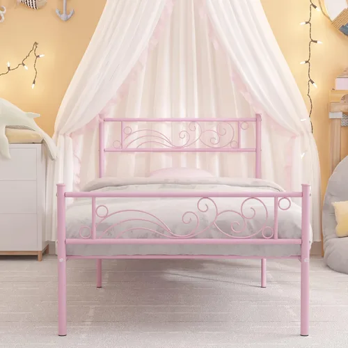 Weehom Marco de cama de metal individual con almacenamiento, no necesita somier, listones de acero resistentes para niños, niñas, adolescentes, Rosa