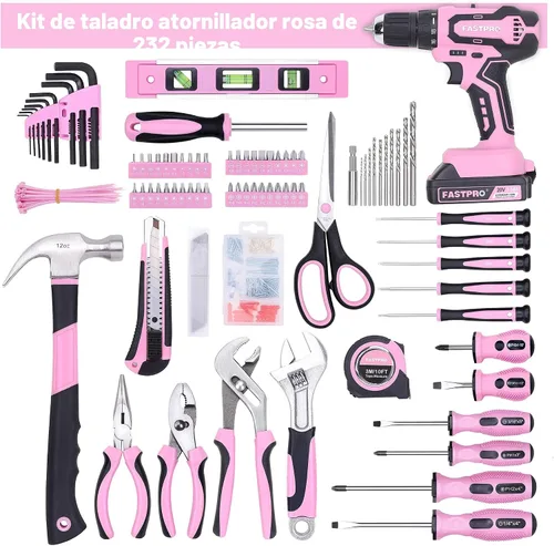 Miniatura 3 de FASTPRO 232 piezas 20 V Rosa inalámbrico Taladro de iones de litio y juego de herramientas para el hogar, kit de herramientas de reparación
