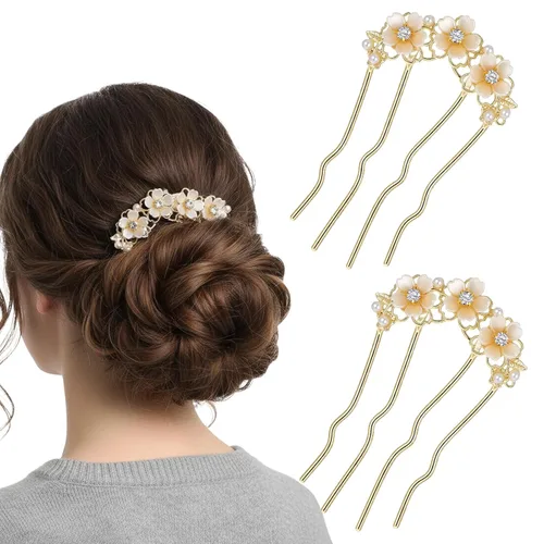 2 pinzas para el pelo de flores de perlas para mujer, horquilla francesa en forma de U, moño de metal dorado, clips para el pelo de flores,