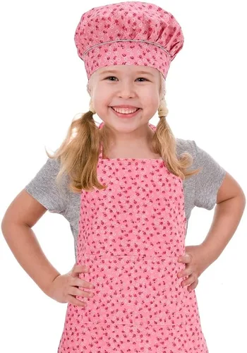 Juego de delantal y gorro de chef para niños, delantales ajustables de algodón para niños con 2 bolsillos, lindos delantales de cocina para niñas y