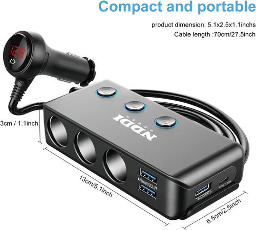 Miniatura 2 de Divisor de Encendedor de Cigarrillos, Adaptador de Coche NDDI POWER 12V/24V de 3 Enchufes con 20W PD3.0 USB-C y Tres Puertos USB QC3.0, Encendedor