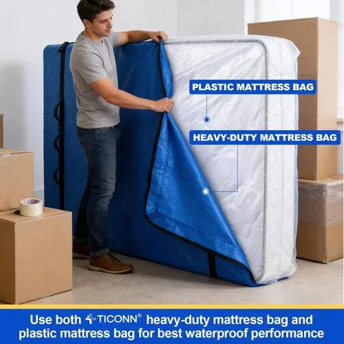 Miniatura 5 de TICONN 2PK Bolsa de plástico para colchón para mudanza y almacenamiento, cubierta protectora impermeable para colchón, suministros resistentes