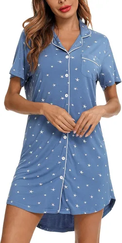 Miniatura 95 de Samring Camisón de pijama para mujer, manga corta/larga, con botones, camisón para dormir, camisón para novio, talla XXL