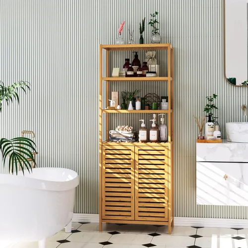 Miniatura 9 de HIFIT Armario alto de almacenamiento para baño, gabinete de baño estrecho de bambú de 66 pulgadas con 2 puertas y estantes abiertos de 4 niveles