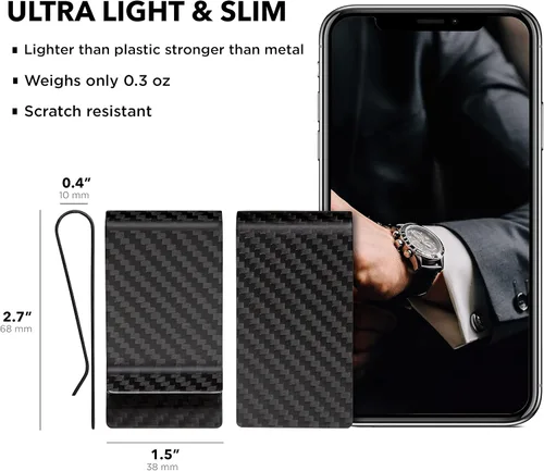 Miniatura 11 de SERMAN BRANDS Clip de dinero de fibra de carbono para hombres – Cartera delgada con clip de dinero RFID, bolsillo frontal minimalista, cartera EDC