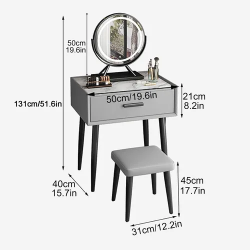 Miniatura 7 de Juego de mesa de tocador con espejo de brillo ajustable y taburete acolchado, mesa de maquillaje con cajón grande para mujeres, niñas pequeñas Gris