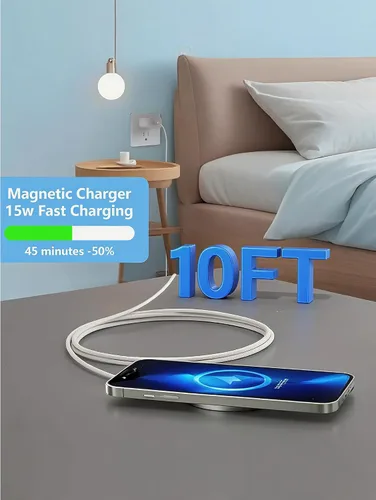 Miniatura 4 de Cargador inalámbrico magnético para Apple iPhone 17/16/15/14/13/12/11/AirPods, paquete de 2 cables largos de carga rápida de 10 pies con almohadilla