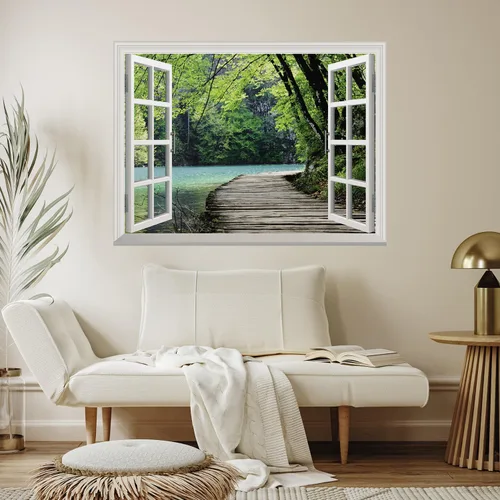 Miniatura 3 de wall26 Ventana blanca mirando hacia fuera en un puente junto a un lago rodeado de árboles, mural de pared, calcomanía extraíble, decoración