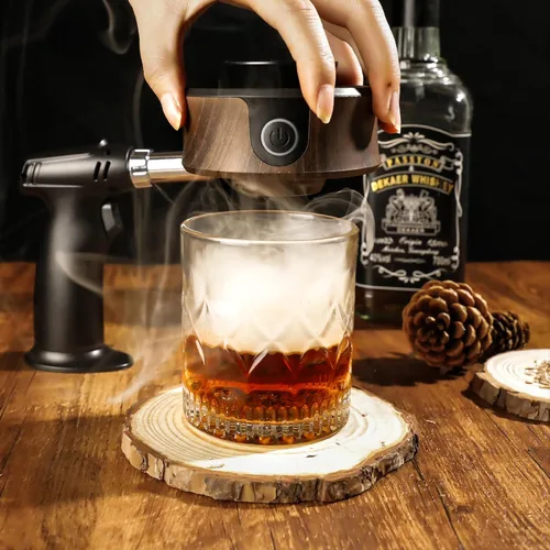 Miniatura 9 de Kit eléctrico para ahumar whisky, lujosa caja de madera, regalos de Navidad sinceros, con 4 chips de madera, antorcha, moldes de hielo, receta, Nogal
