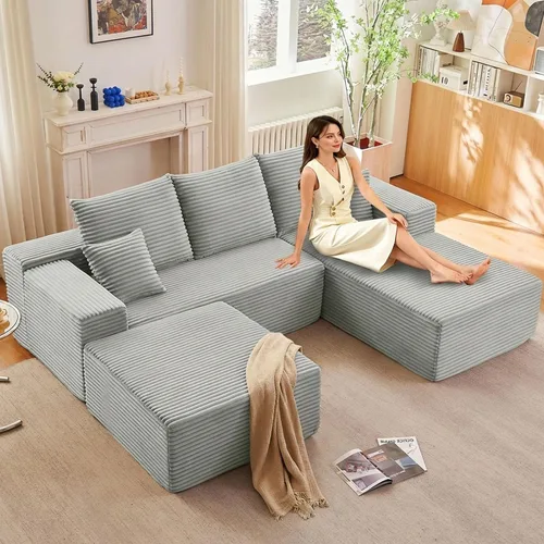 Miniatura 13 de Sofá modular de 95 pulgadas con otomana, moderno sofá nube de pana con asiento profundo, sofá sin hueso tapizado de 3 plazas en forma de U para sala