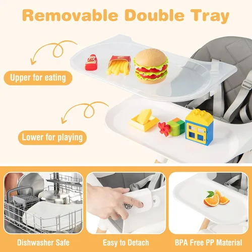 Miniatura 3 de BABY JOY Silla alta para bebé, silla alta convertible 6 en 1 de madera para bebés y niños pequeños con patas ajustables, doble bandeja extraíble