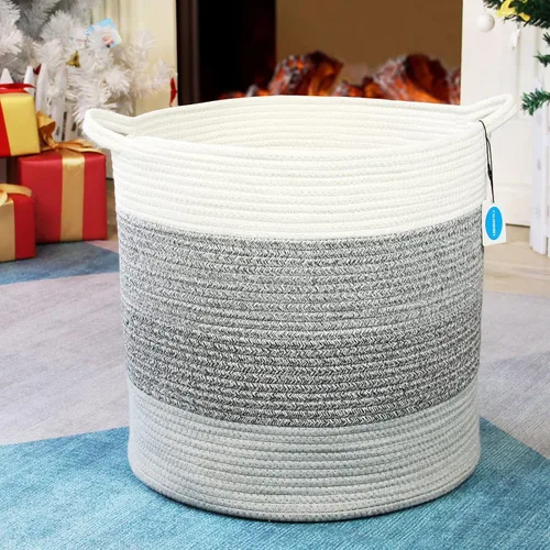 Miniatura 5 de Casaphoria Cesta de almacenamiento de cuerda de algodón para organizar, cesta redonda para mantas, sala de estar, cesta de lavandería tejida
