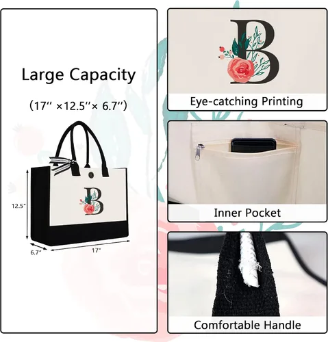 Miniatura 49 de Bolsa de lona con inicial, regalos de cumpleaños personalizados para mujeres, madres, amigas y profesoras, bolsas de mano con monograma adecuadas