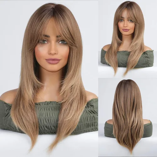 Miniatura 14 de Alanhair MEACO - Pelucas color castaño rojizo para mujer, pelucas largas en capas naranjas con flequillo, pelucas de fibra sintética resistentes al