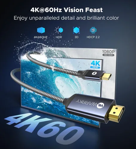Miniatura 2 de Warrky Cable USB C a HDMl 4K a 60Hz [alta velocidad, chapado en oro] Cable tipo C a HDMl 2.0, Thunderbolt 4/3 a HDMl, compatible con iPhone 16 Pro