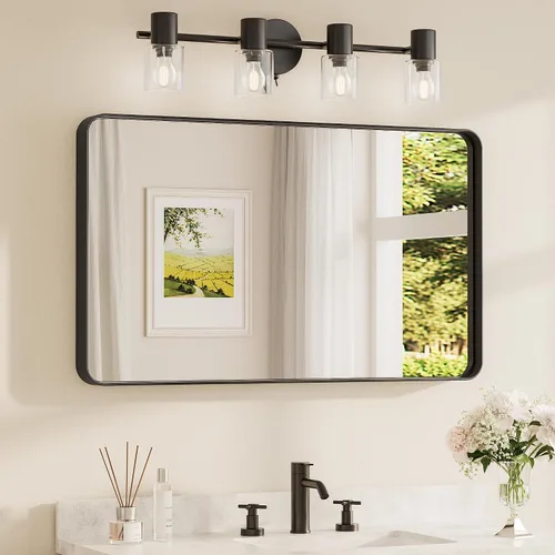 Miniatura 111 de TETOTE Espejo de marco dorado cepillado de 16 x 24 pulgadas, espejo de tocador de baño de latón dorado para pared, espejo enmarcado rectangular