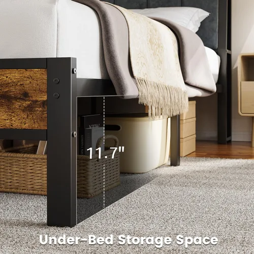 Miniatura 5 de Base de cama tamaño Queen con cabecera de madera, plataforma de metal con estación de carga USB y luces LED inteligentes, no necesita somier, fácil