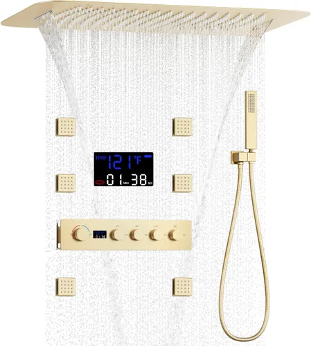 AYIVG Sistema de ducha termostático de cabezal de ducha múltiple de 16 x 24 pulgadas con rociador corporal, sistema de ducha de cascada de oro Oro