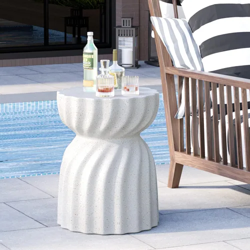 HOMPUS Mesa auxiliar de hormigón para exteriores, mesa auxiliar redonda MgO para patio, taburete de jardín ligero para uso en interiores, patio,