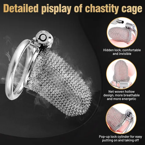 Miniatura 5 de Jaula de castidad con cinturón, dispositivo de castidad masculina con bloqueo invisible, 3 tamaños de anillos