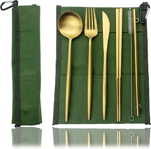 Miniatura 7 de JASHII El juego de cubiertos de viaje incluye cuchillo reutilizable, tenedor, cuchara, palillos, pajilla, utensilios ecológicos, utensilios de Azul