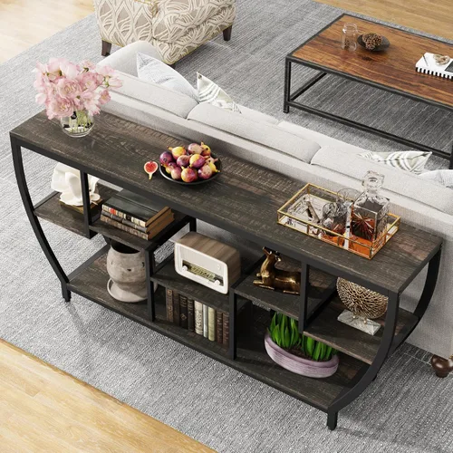 Miniatura 4 de Tribesigns Mesa de sofá de 70.9 pulgadas de largo con estantes, mesa consola rústica con almacenamiento, mesa de entrada industrial, soporte de TV