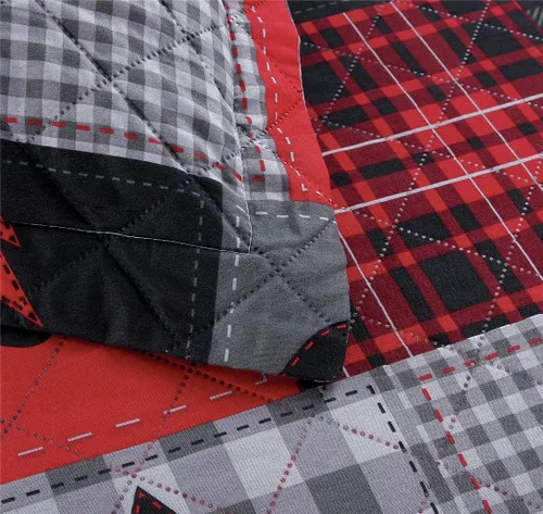 Miniatura 4 de Juego de edredones rústicos de oso, tamaño matrimonial/queen, colcha a cuadros rojo y negro, ropa de cama ligera, colcha de cabaña de lodge, Rojo