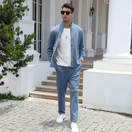 Miniatura 3 de FZNHQL Conjunto de 2 piezas para hombre, de moda, informal, de manga larga, con botones, camisa y pantalón para hombre