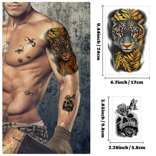 Miniatura 3 de 36 hojas de tatuajes temporales para hombres, mujeres y adultos, 12 hojas de gran tamaño, 3D, media manga, tatuajes falsos negros, tatuajes