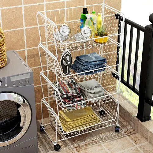 Miniatura 4 de PUSDON Cestas de almacenamiento de alambre apilables grandes de 4 niveles con ruedas, organizador de carrito utilitario con ruedas y ruedas