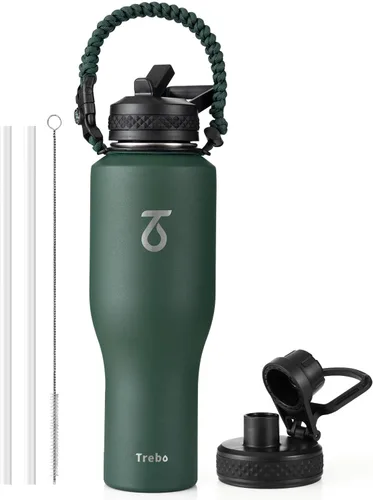 Miniatura 25 de Trebo Botella de agua de 40 onzas con aislamiento que cabe en portavasos de automóvil con asa, botellas de agua de acero inoxidable vaso con tapas