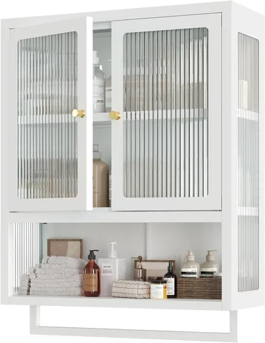 Miniatura 10 de Armario de pared de baño con 2 puertas de vidrio, botiquín de baño con barra de toallas y estantes, gabinete de almacenamiento sobre el inodoro