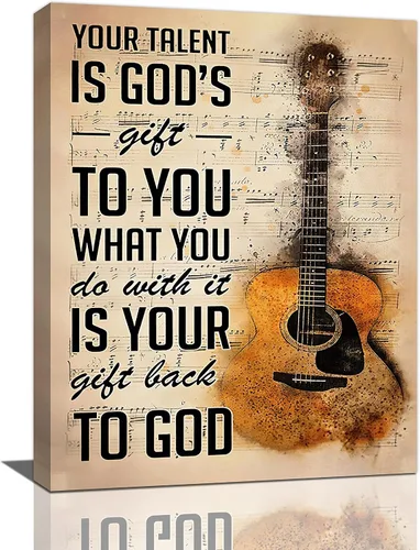 Tourrest Arte de pared de guitarra vintage, notas musicales, citas, pintura en lienzo, decoración retro, obra de arte enmarcada para dormitorio,