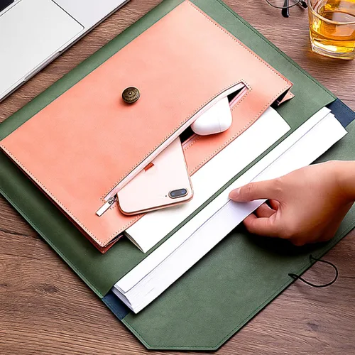 Miniatura 3 de Carpeta de archivos A4 de cuero de la PU Portafolio de la carpeta del sobre con 2 compartimentos marrón y naranja partido