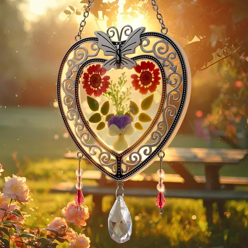 Miniatura 5 de KY&BOSAM Atrapasoles de cristal con forma de corazón, árbol de la vida, paneles de vitrales, colgantes de flores reales para ventanas, hogar