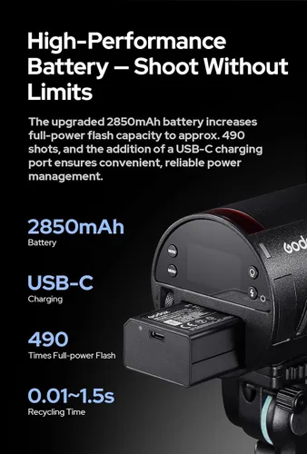 Miniatura 3 de Godox AD100 Pro II AD100Pro II AD100ProII Flash Strobe, 2.4GHz X System+433Mhz Module/2850mAh Batería/2W LED/10 niveles de brillo/490 Pops