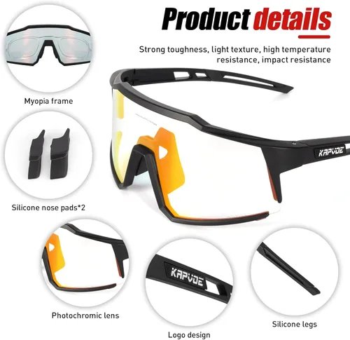 Miniatura 4 de KAPVOE Gafas de Ciclismo Fotocromáticas MTB Bicicleta de Montaña Lentes de Transición para Hombres Mujeres - K9022 Negro-fotocrómico-rojo