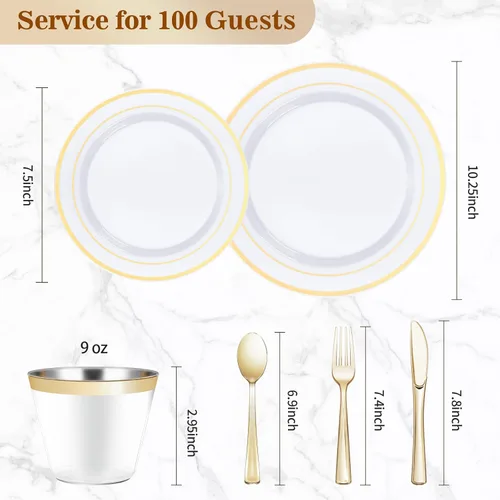 Miniatura 3 de BESTVIP Juego de vajilla dorada de 600 piezas para 100 invitados, platos de plástico para fiestas, 100 platos desechables dorados, 100 platos