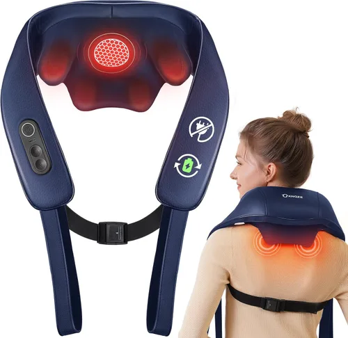 Masajeador de cuello y hombros con calor, masajeador inalámbrico de espalda y cuello para aliviar el dolor, calentamiento de grafeno mejorado, Azul