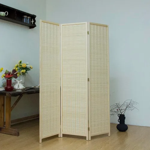 Miniatura 5 de Divisor de habitación de bambú de 3 paneles, pantalla de privacidad plegable beige de 5.6 pies de alto, pared de división independiente de doble