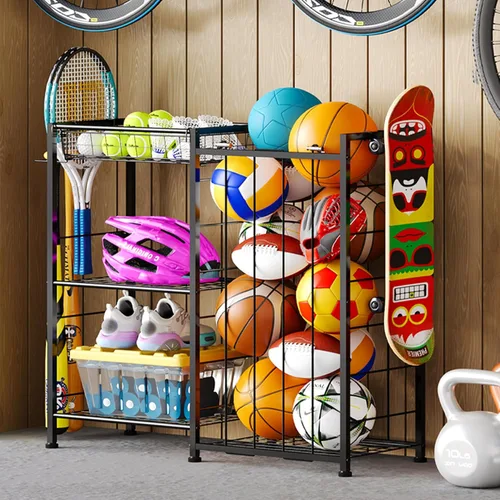 Organizador de equipo deportivo, estante de almacenamiento de pelotas con correas elásticas y canasta removible para organización de garaje,