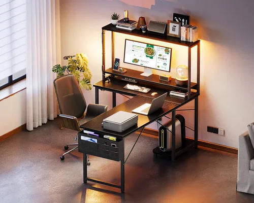 Miniatura 9 de ODK - Escritorio en forma de L de 53 pulgadas con iluminación LED, escritorio reversible para juegos con enchufes de alimentación, mesa de esquina