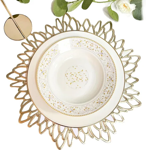 Set de 12 manteles individuales navideños de Herda, manteles individuales de vinilo dorado metálico de 15" de diámetro, cargadores de platos dorados