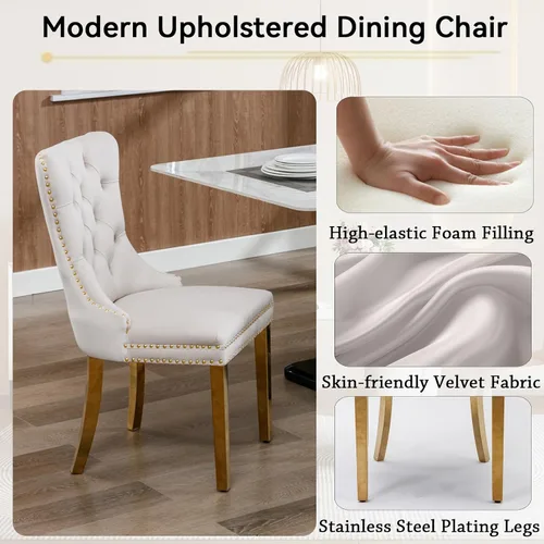 Miniatura 6 de Juego de mesa de comedor de 7 piezas con sillas, mesa de comedor de mármol sintético y sillas beige para 6, juego de mesa de comedor de oro blanco