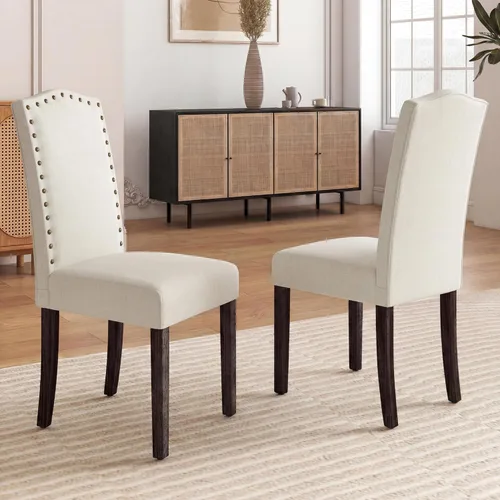 Miniatura 15 de LSSBOUGHT Juego de 2 sillas de comedor tapizadas Parsons de tela, sillas de cocina con marco de madera maciza y ribete de cabeza de clavo